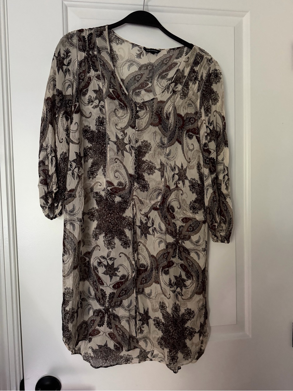 Club Monaco Sheer Paisley V-Neck Tunic Dress in Cream and Brown
